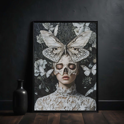 Framed artwork of a woman with butterfly wings and lace details against a dark floral background.