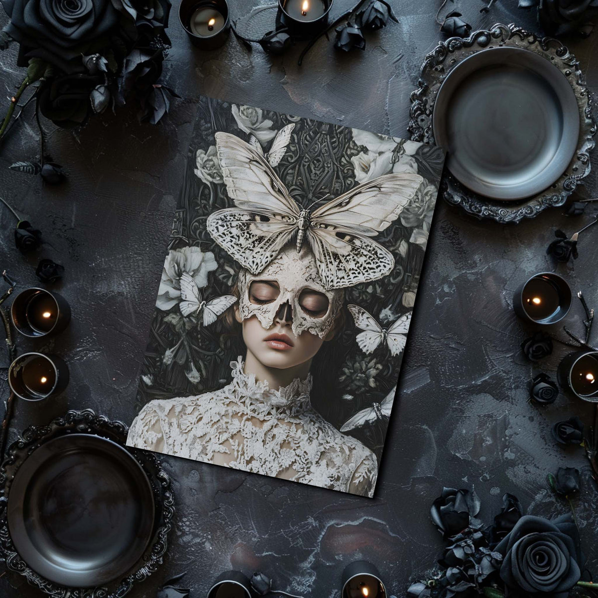 Artistic depiction of a woman with butterfly wings on a dark background with candles and flowers.