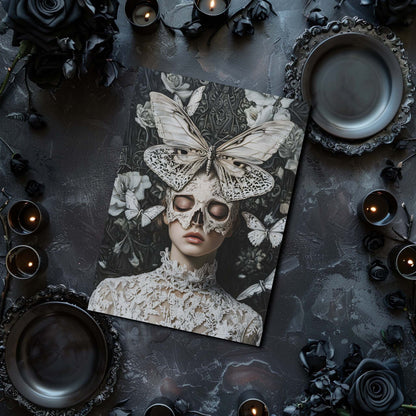 Artistic depiction of a woman with butterfly wings on a dark background with candles and flowers.
