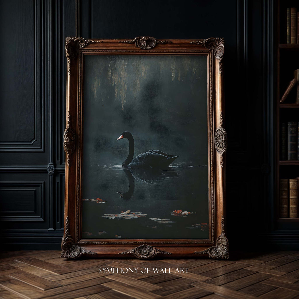 Framed artwork of a swan on water in a dark room with wooden floor and bookshelf.