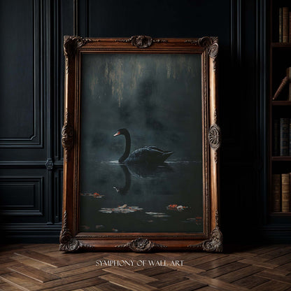 Framed artwork of a swan on water in a dark room with wooden floor and bookshelf.