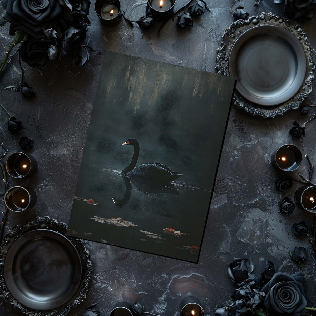 Dark table setting with a swan painting, candles, and black roses.