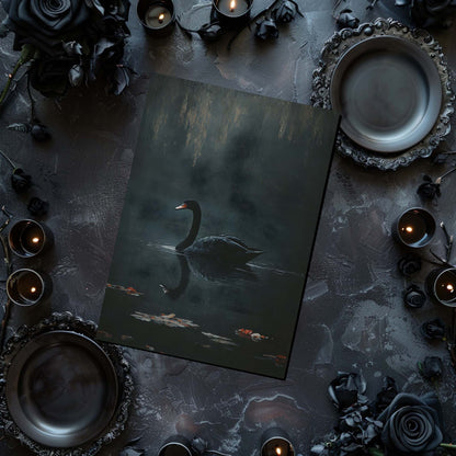 Dark table setting with a swan painting, candles, and black roses.