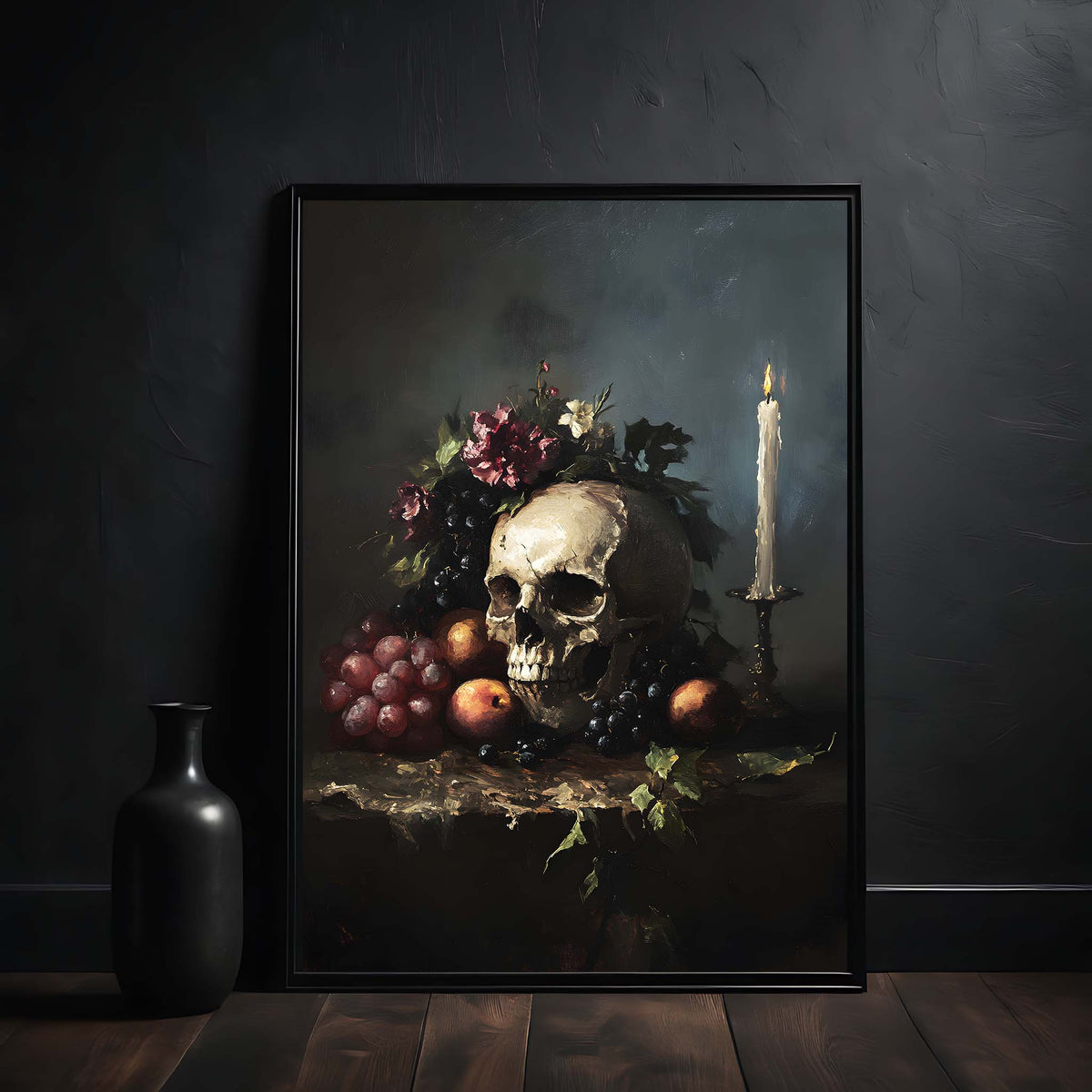 Framed artwork of a still life with a skull, flowers, fruits, and a candle on a dark background.