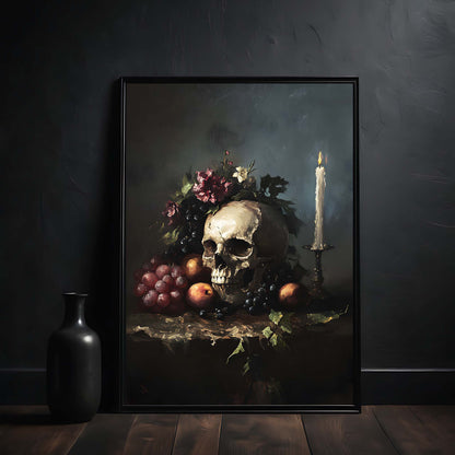 Framed artwork of a still life with a skull, flowers, fruits, and a candle on a dark background.