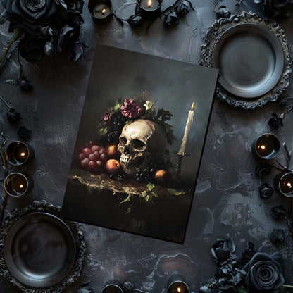 Still life arrangement with skull, fruit, and candles on a dark surface