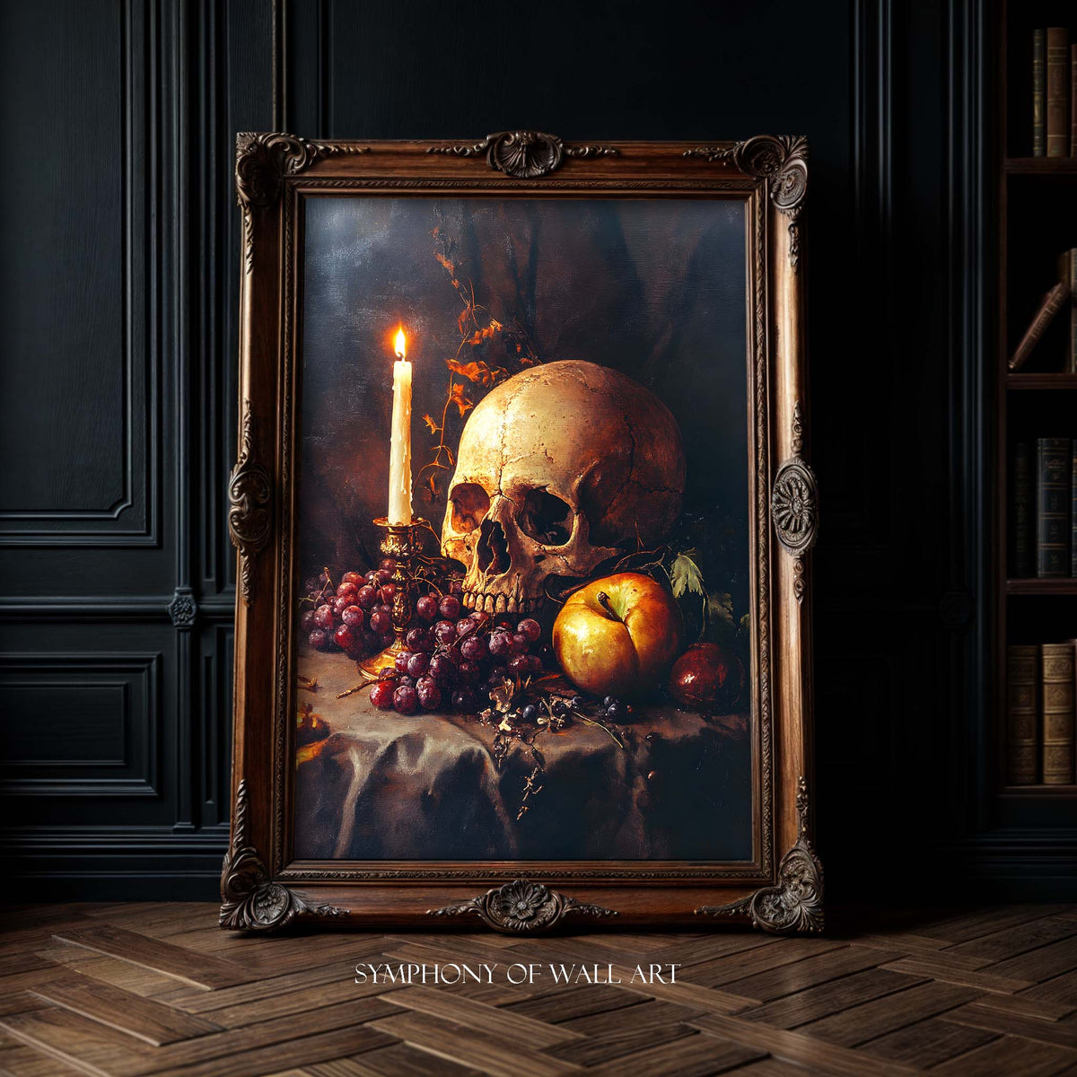 Framed artwork of a still life with a skull, candle, and fruit on a dark background.
