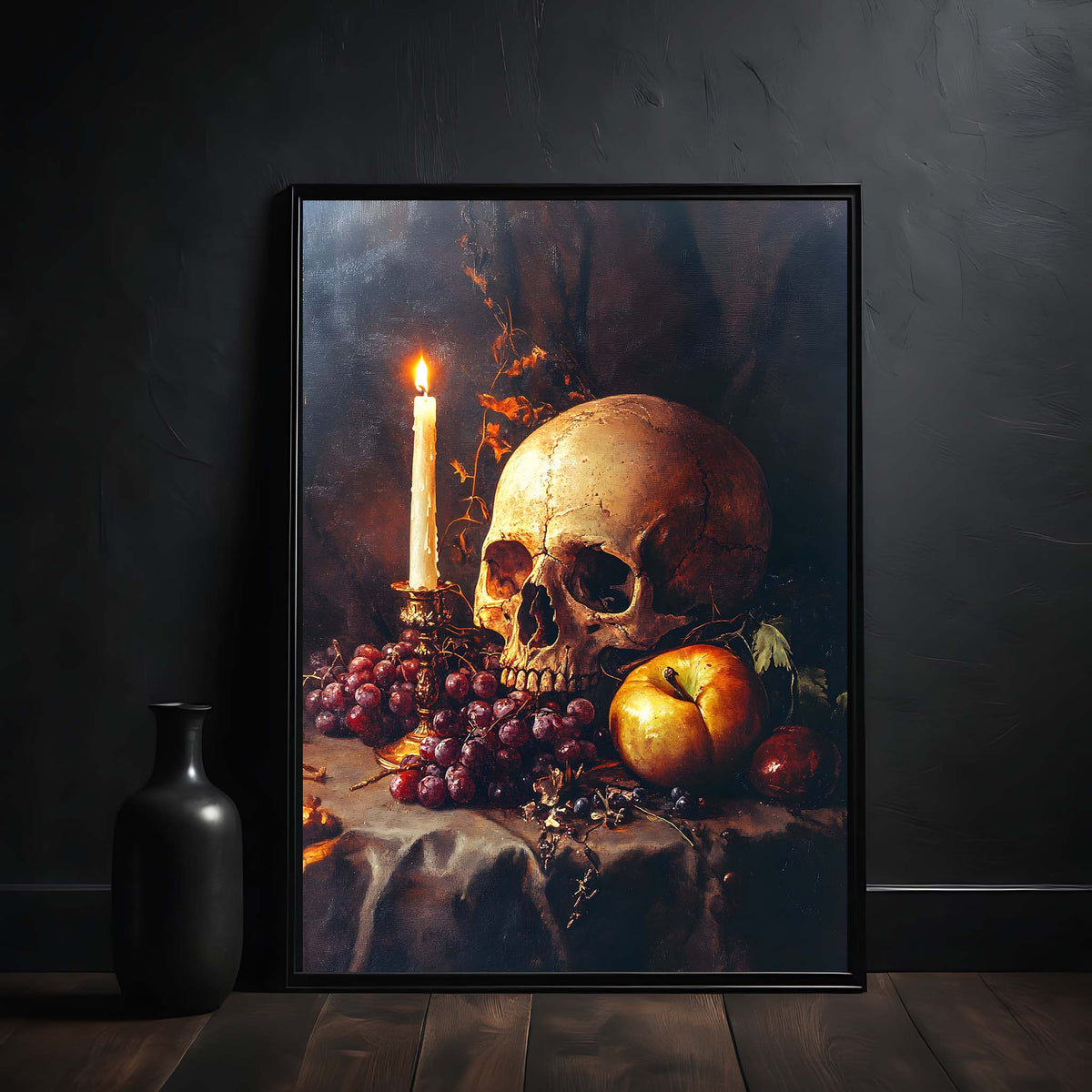 Framed artwork of a skull, candle, and fruit on a dark background