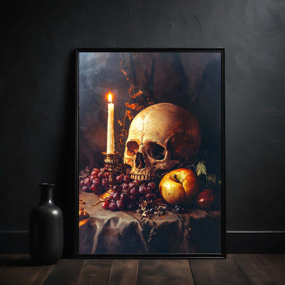 Framed artwork of a skull, candle, and fruit on a dark background
