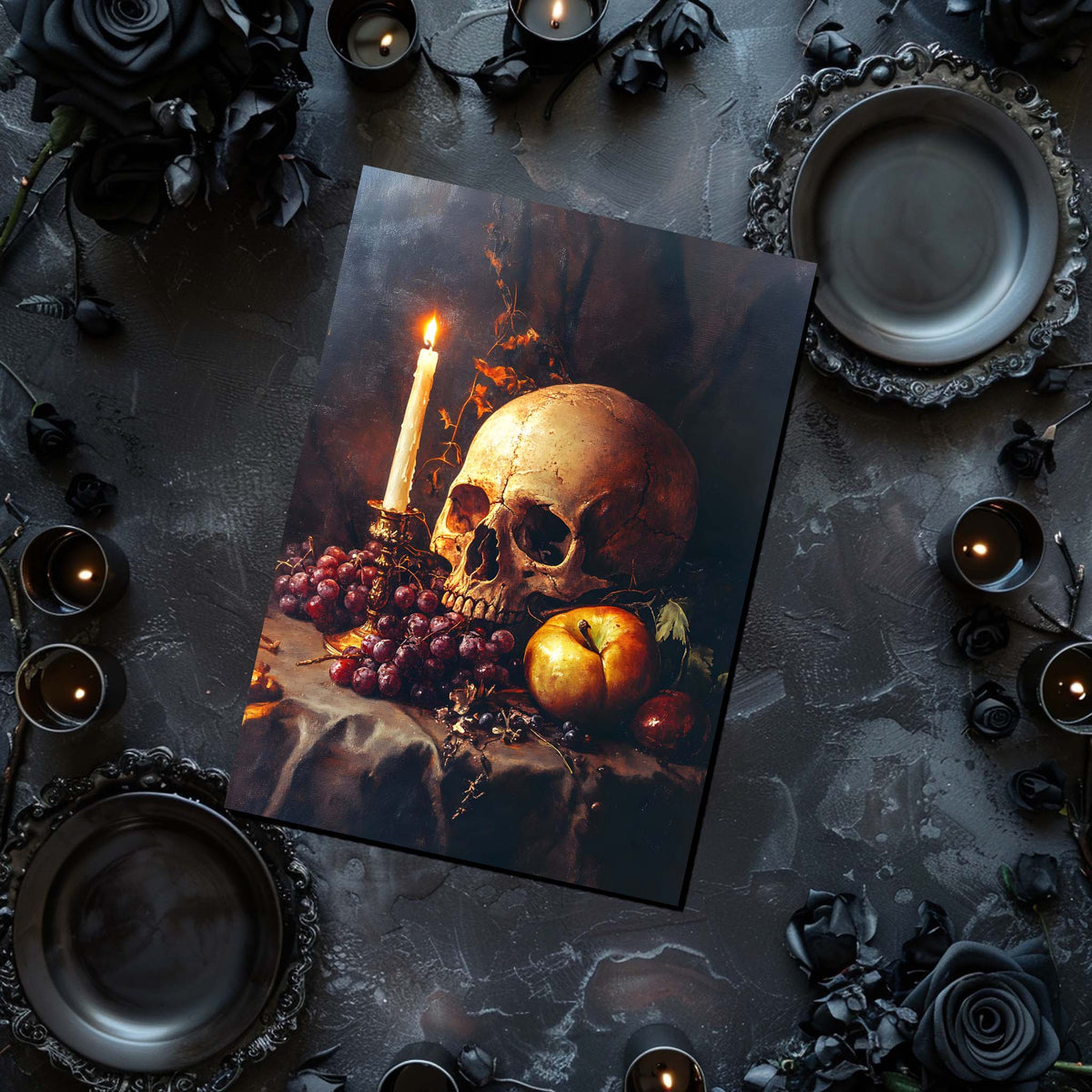 Still life arrangement with skull, candle, and fruit on a dark surface.