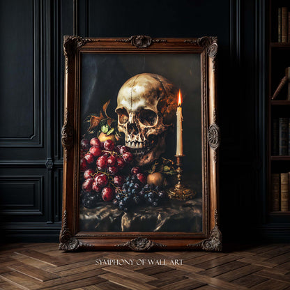 Framed artwork of a skull, grapes, and candle on a dark background with 'Symphony of Wall Art' branding.
