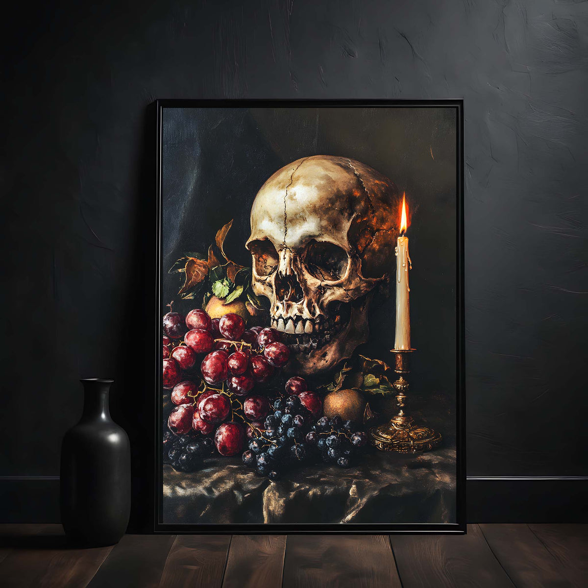 Framed artwork of a skull with grapes and a candle on a dark wall.