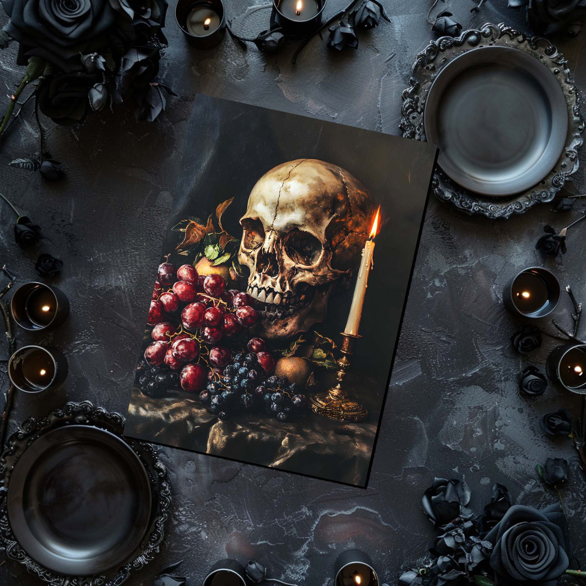 Artistic still life arrangement with skull, grapes, and candle on a dark surface.