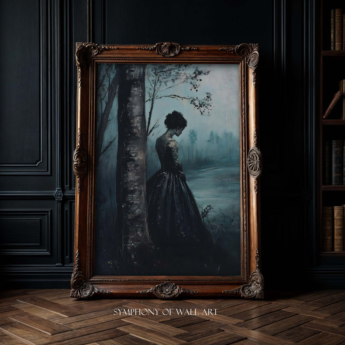 Framed artwork of a woman in a dark dress standing by a tree in a misty forest, with 'Symphony of Wall Art' branding.