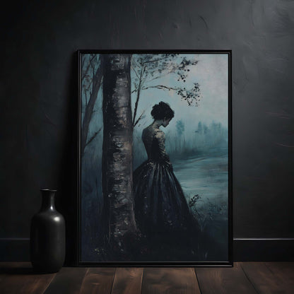 Framed artwork of a woman in a dark dress standing next to a tree in a misty forest, displayed on a dark wall.