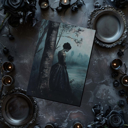 Artistic depiction of a woman in a dark dress standing in a forest with candles and decorative elements around.