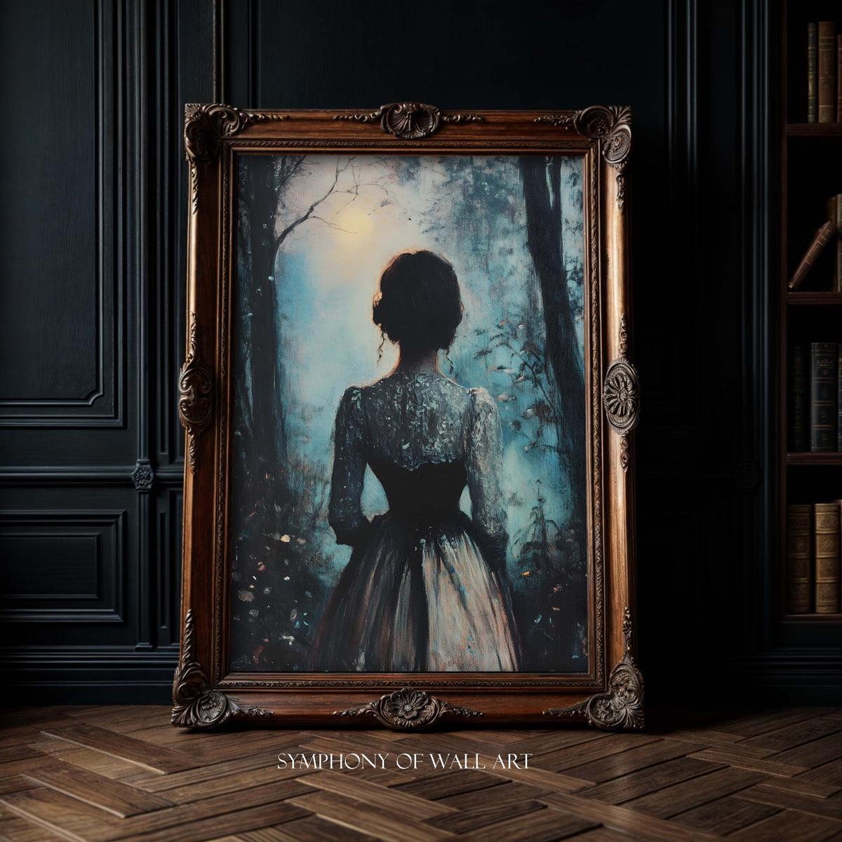 Framed artwork of a silhouette in a dark room with a wooden floor.