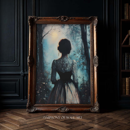 Framed artwork of a silhouette in a dark room with a wooden floor.
