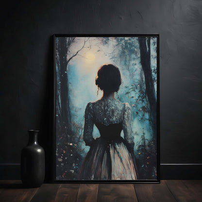 Framed artwork of a silhouette of a woman in a forest against a dark wall.