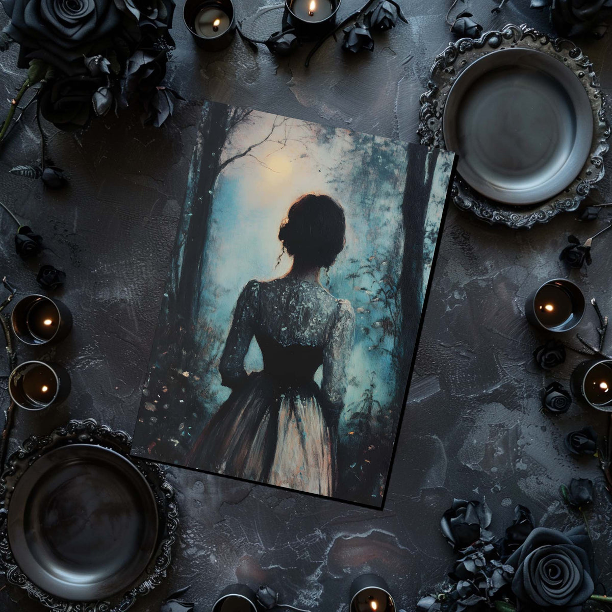 Silhouette of a woman in a forest with candles and dark roses on a dark surface