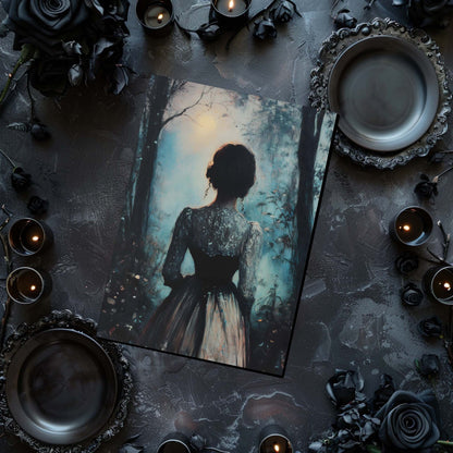 Silhouette of a woman in a forest with candles and dark roses on a dark surface