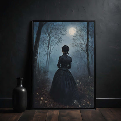 Framed artwork of a woman in a dark forest with a full moon, displayed on a dark wall.