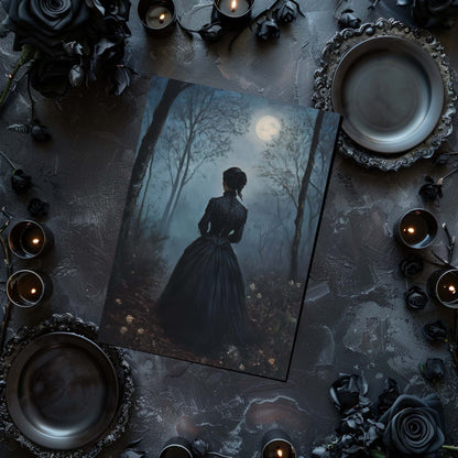 Gothic-themed still life with a woman in a dark dress standing in a forest at night, surrounded by candles and black roses.
