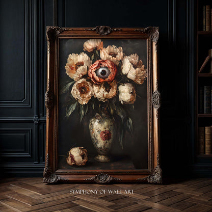 Decorative still life painting with flowers and an eye in a dark room.