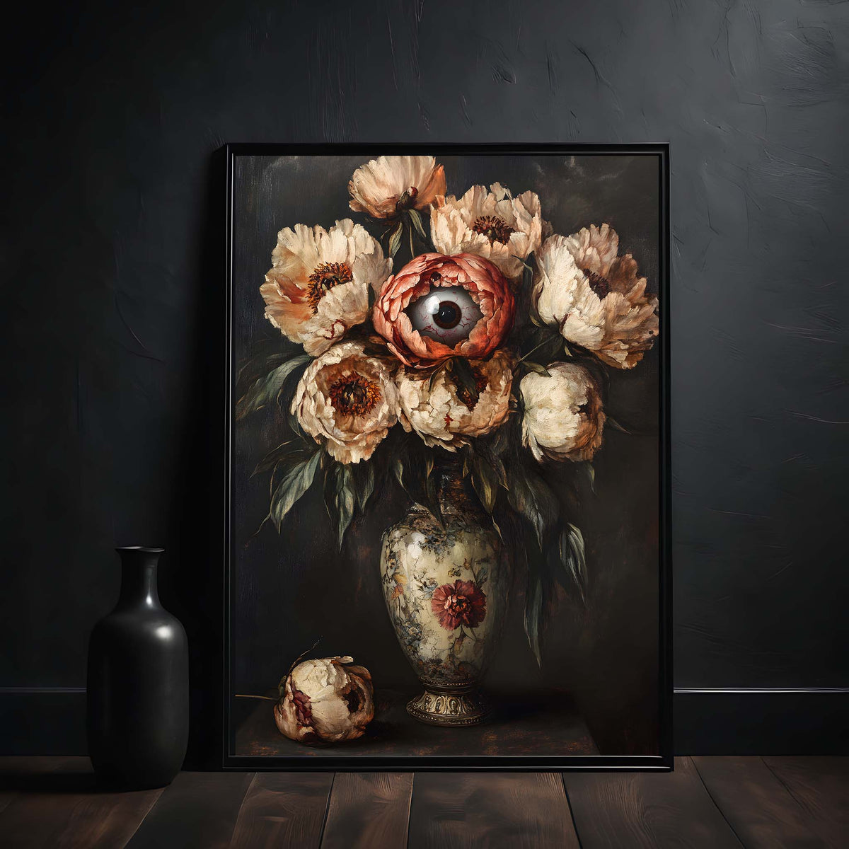 Framed artwork of a still life with flowers and an eye on a dark background