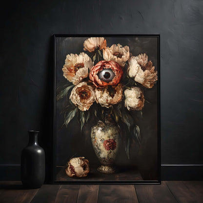 Framed artwork of a still life with flowers and an eye on a dark background