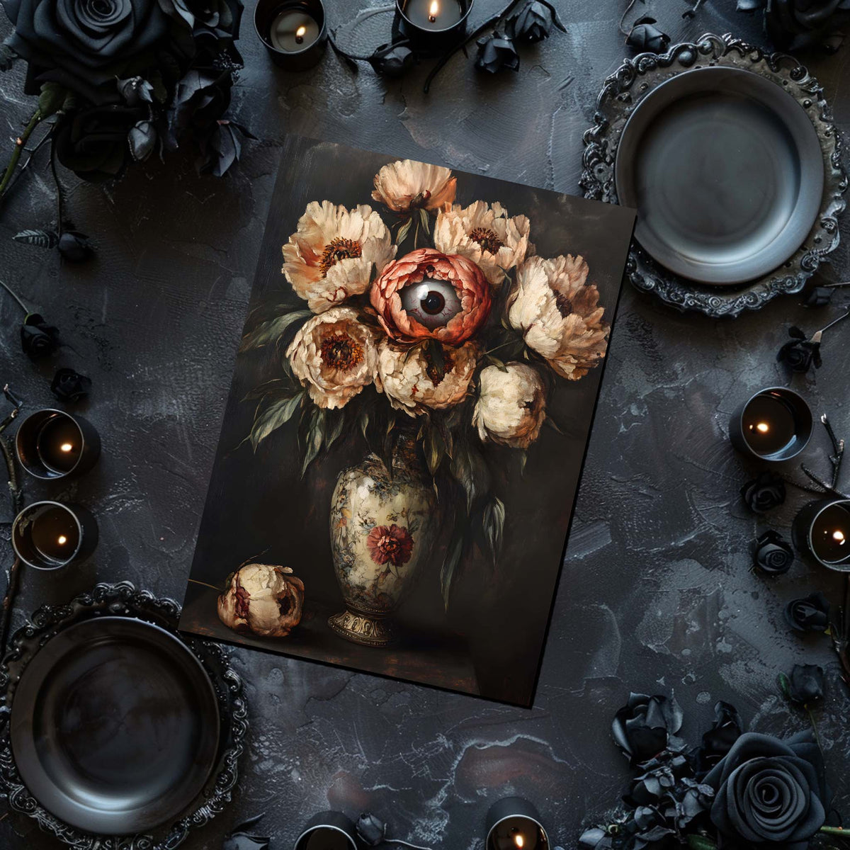 Artistic still life arrangement with flowers and candles on a dark surface