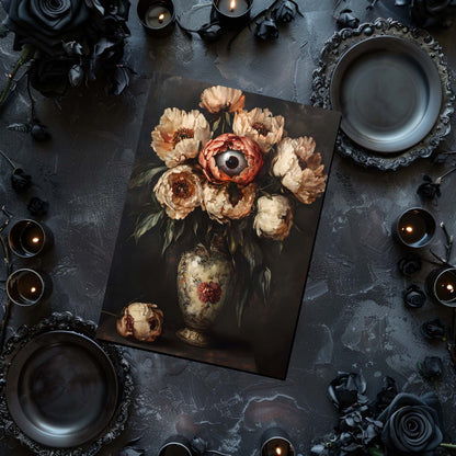 Artistic still life arrangement with flowers and candles on a dark surface