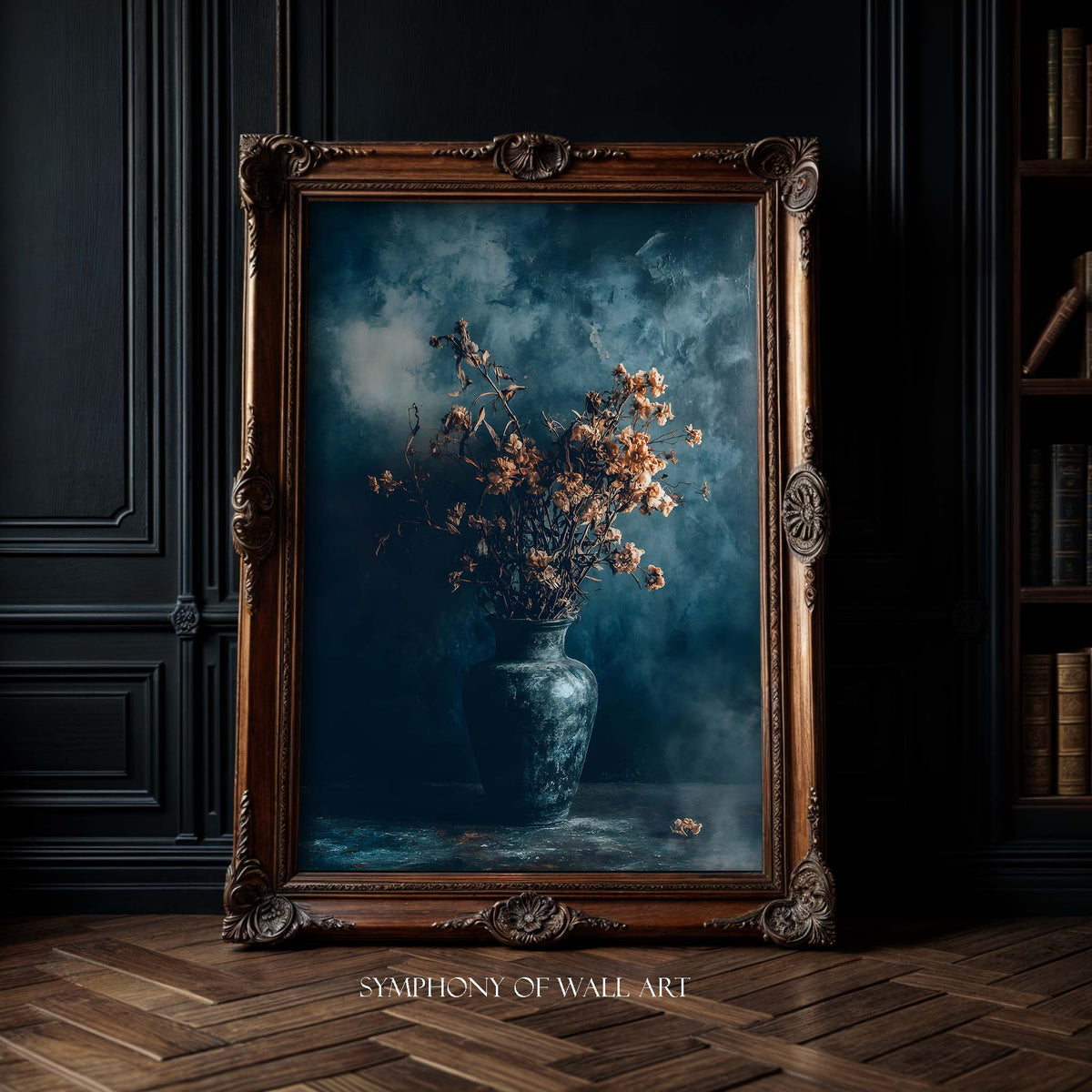 Framed artwork of a vase with dried flowers against a dark background, labeled 'Symphony of Wall Art'.