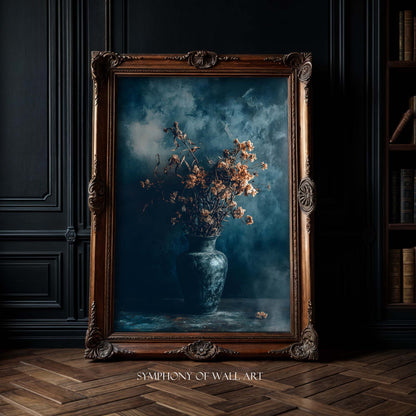 Framed artwork of a vase with dried flowers against a dark background, labeled 'Symphony of Wall Art'.