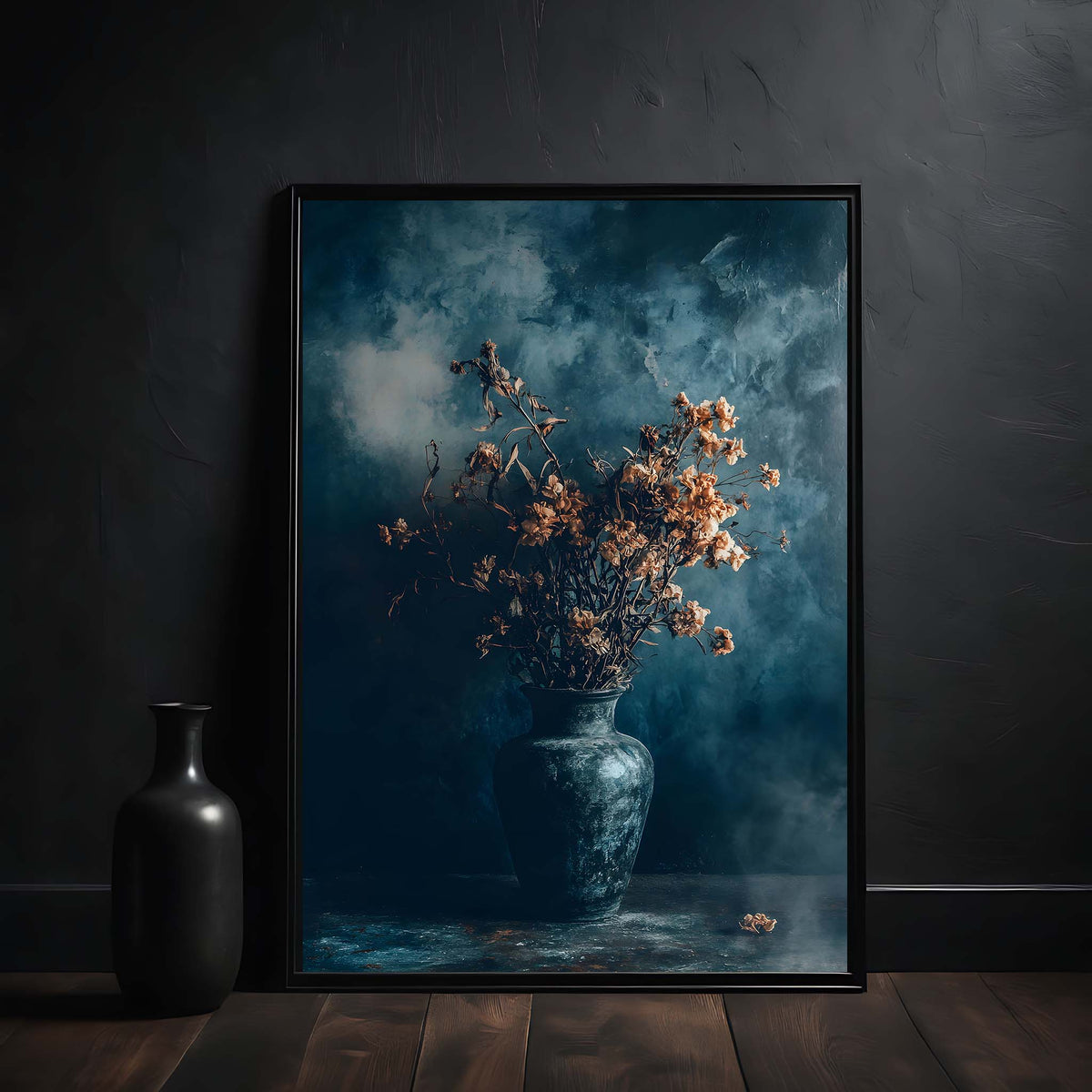 Framed artwork of a vase with dried flowers against a dark background, labeled