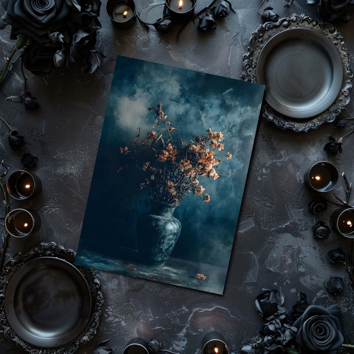 Art print of a vase with flowers on a dark surface with candles and decorative elements.