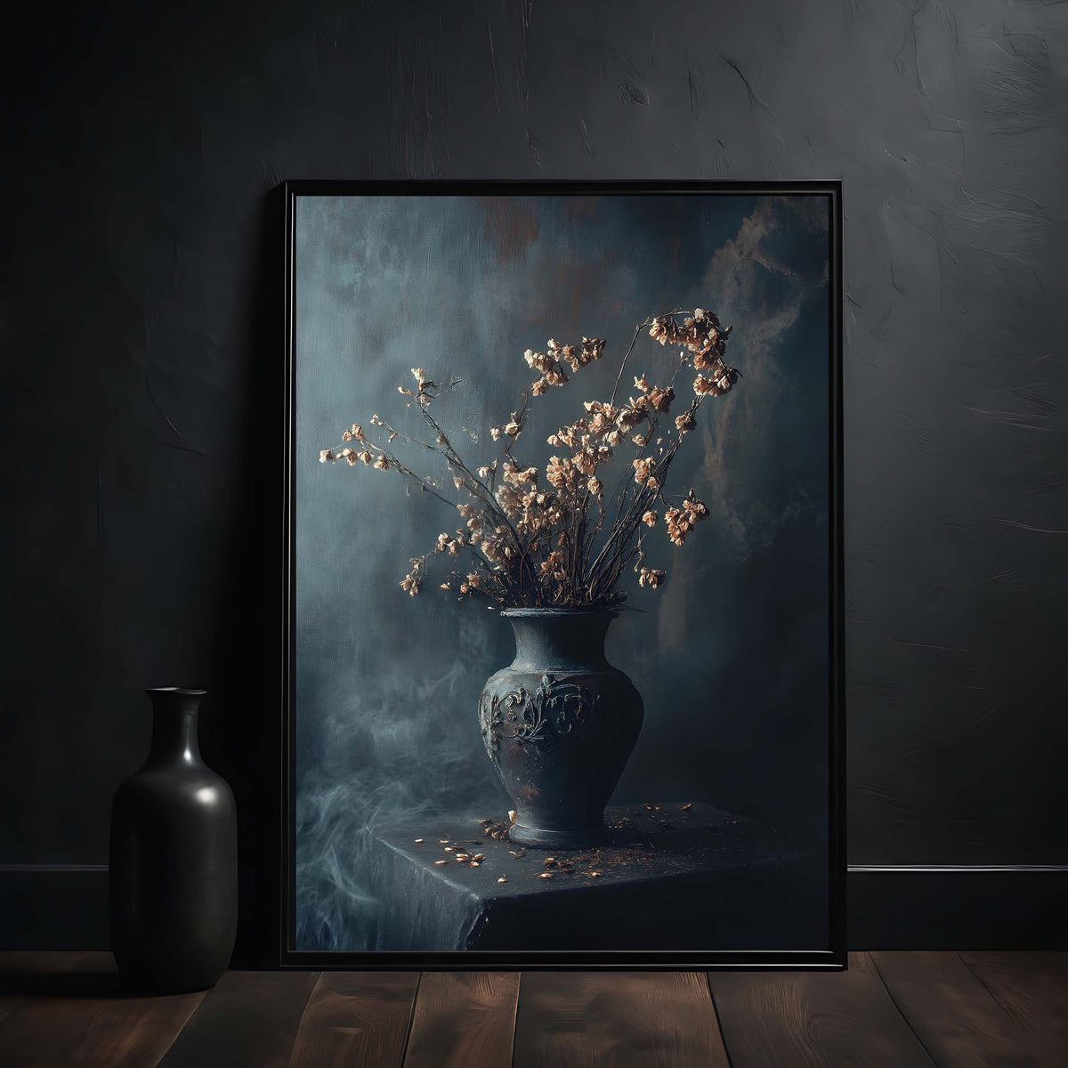 Framed artwork of a vase with dried flowers on a dark background