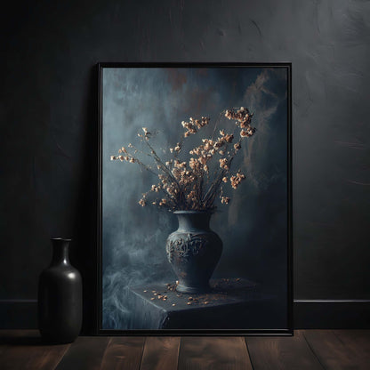 Framed artwork of a vase with dried flowers on a dark background