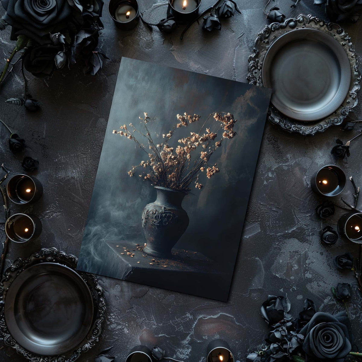 Dark-themed still life arrangement with a vase of flowers on a dark surface.