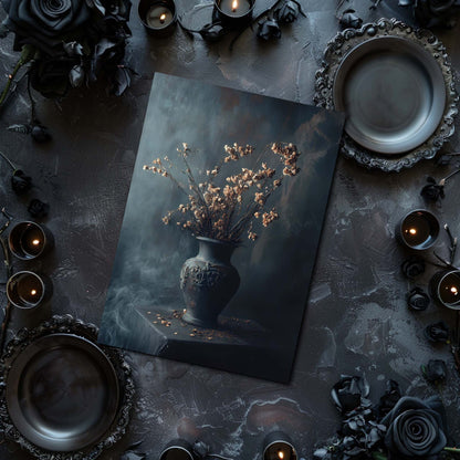 Dark-themed still life arrangement with a vase of flowers on a dark surface.