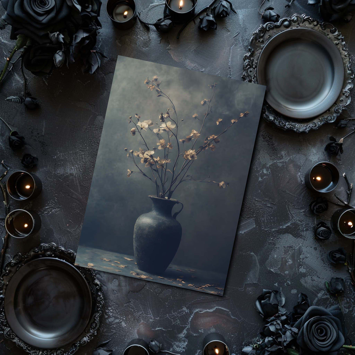 Dark still life arrangement with a vase of flowers on a dark surface.