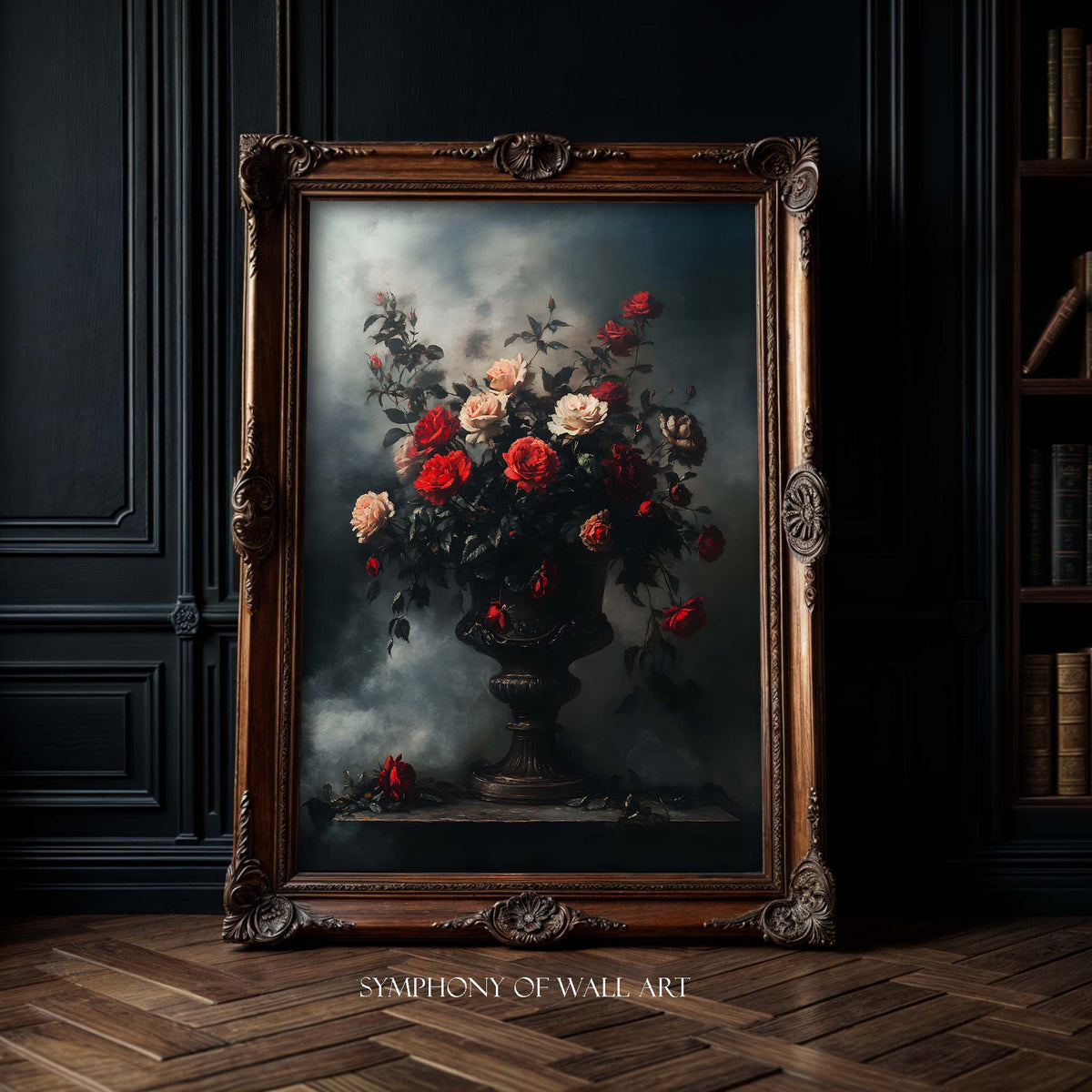 Framed painting of flowers in a dark room with wooden floor and bookshelf.