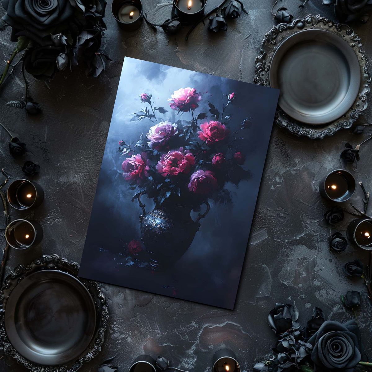 Deep Purple Roses In The Vase - Dark Academia Art Print