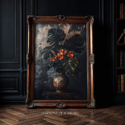 dark academia tropical flowers in the vase art print in the frame
