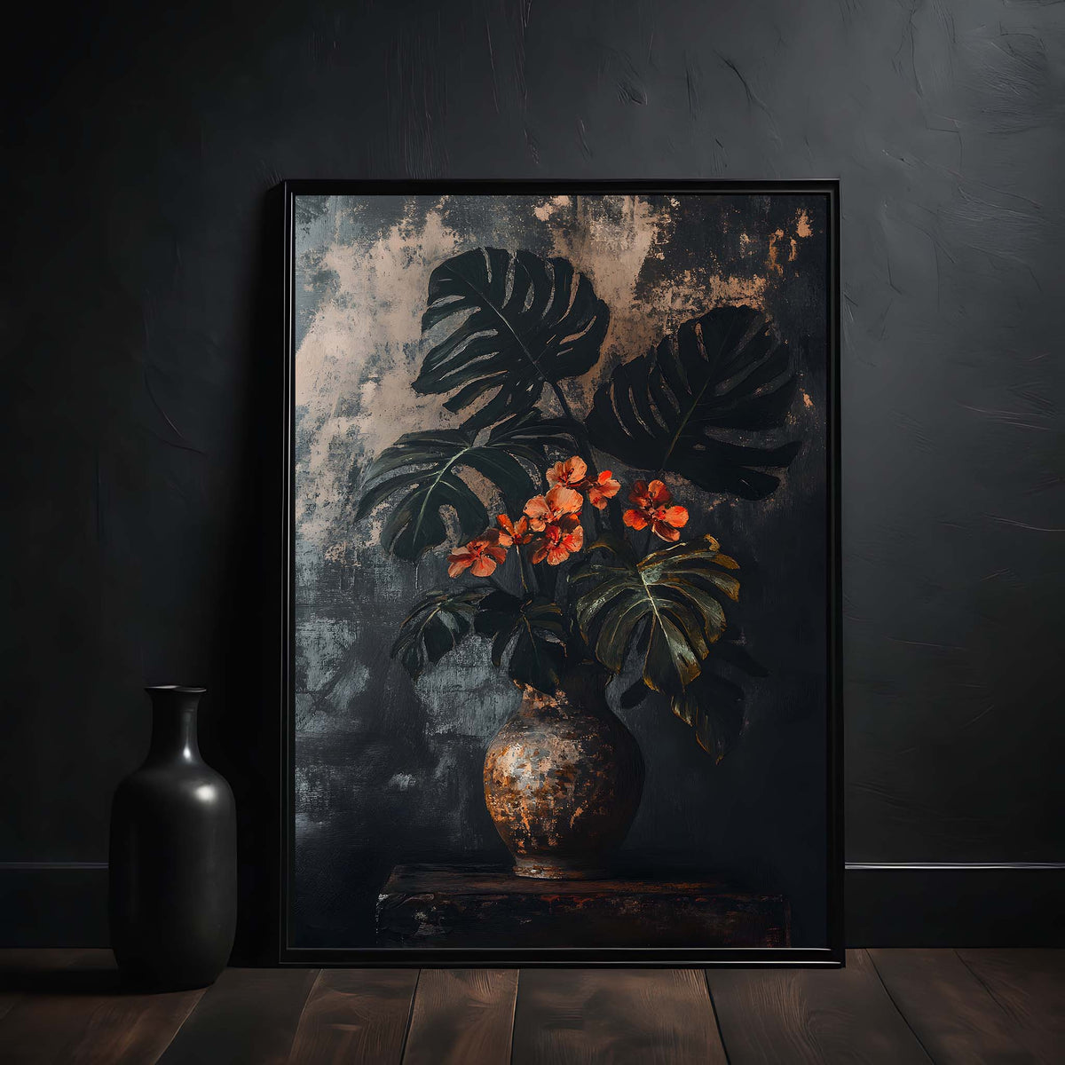 dark academia tropical flowers in the vase art print in the frame