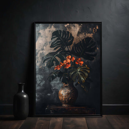 dark academia tropical flowers in the vase art print in the frame