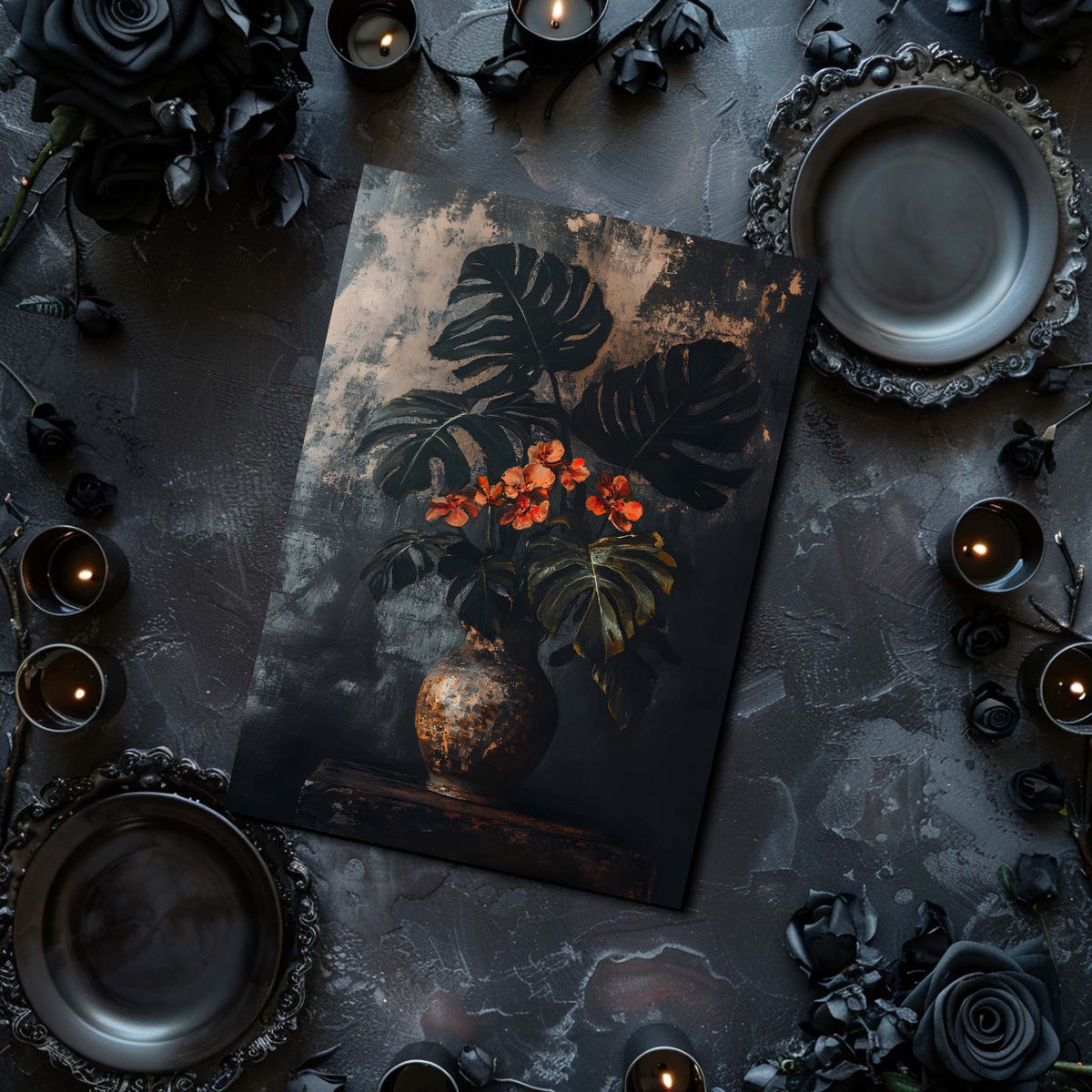 dark academia tropical flowers in the vase art print in the frame