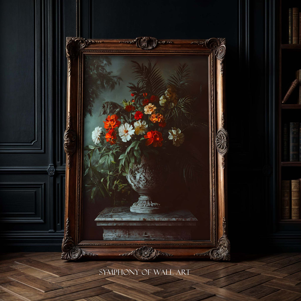 Decorative painting of flowers in a vase within an ornate wooden frame, displayed in a room with dark walls and wooden floor.