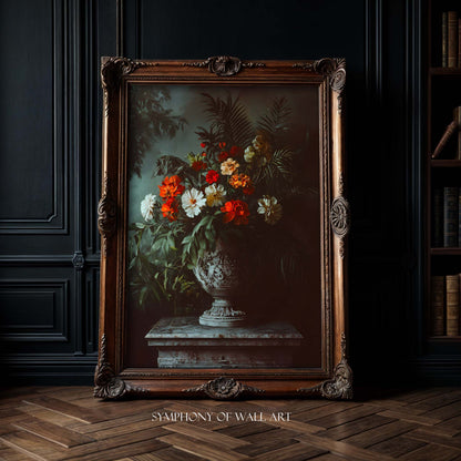 Decorative painting of flowers in a vase within an ornate wooden frame, displayed in a room with dark walls and wooden floor.