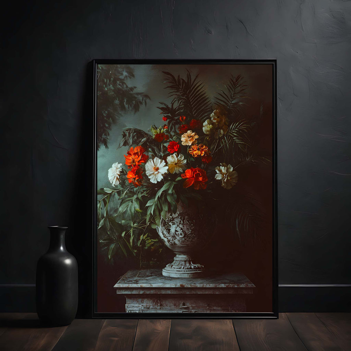 Framed artwork of a floral arrangement in a dark room with a black vase.